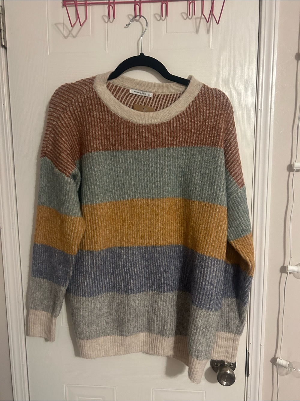 Cozy Striped Crewneck Sweater in Rust, Sage, Mustard, Blue & Cream